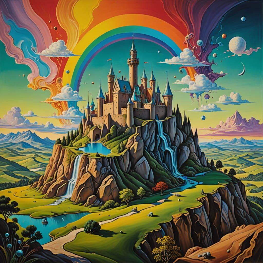 Whimsical Crayon Fortress on Rolling Green Landscape