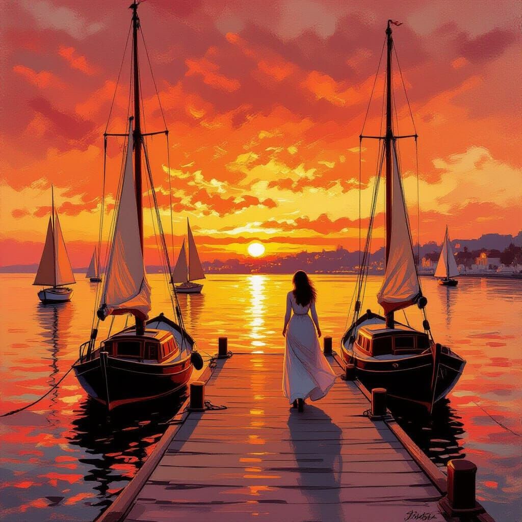 Sunset Harbour Scene in Impressionist Style