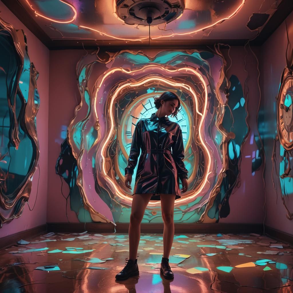 Surreal Woman in Distorted Room with Twisted Torso