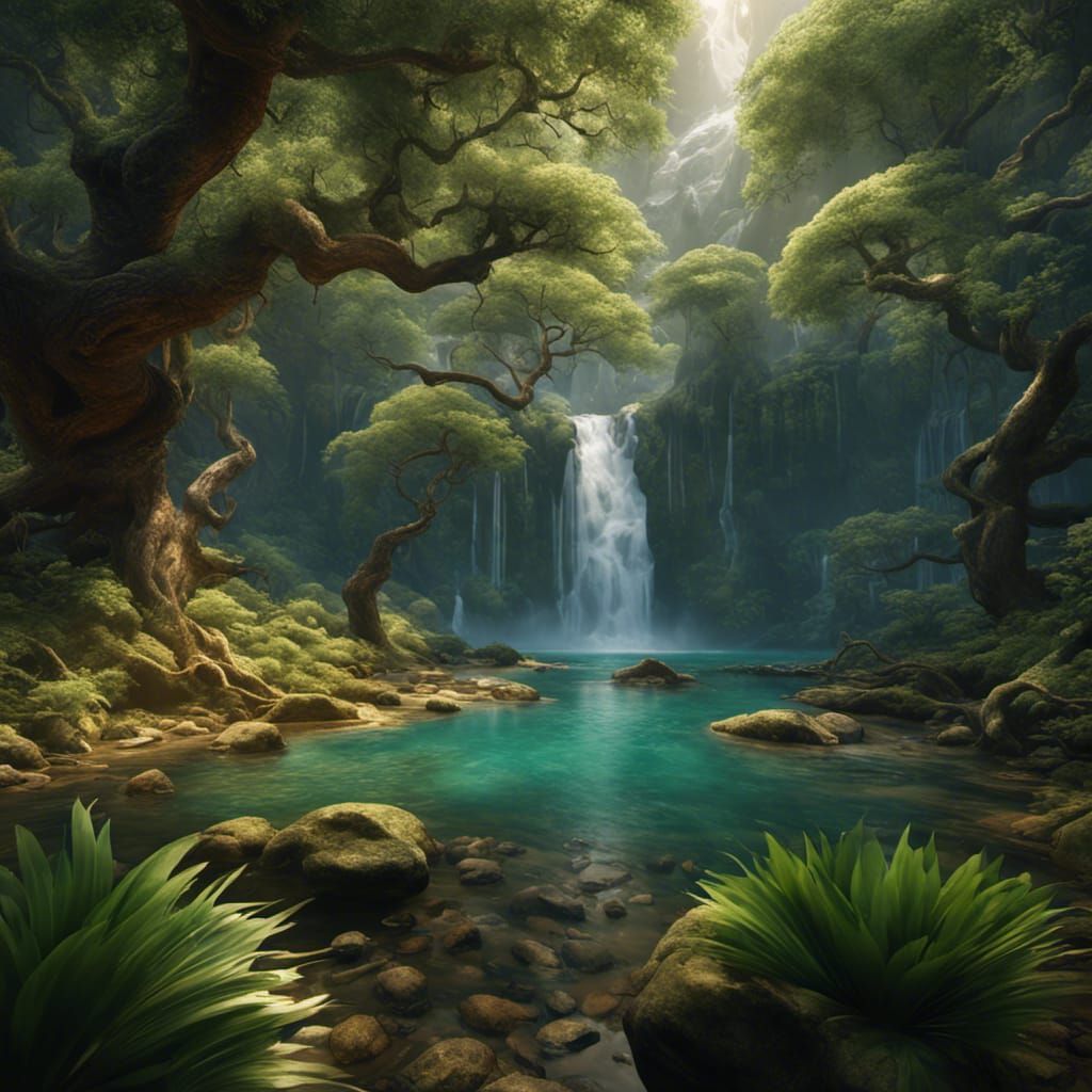 Lush Paradise Oasis in Barren Desert, Digital Art