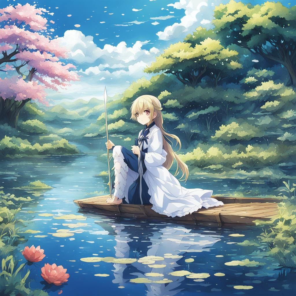 Anime Style Lady Emerges from Lake