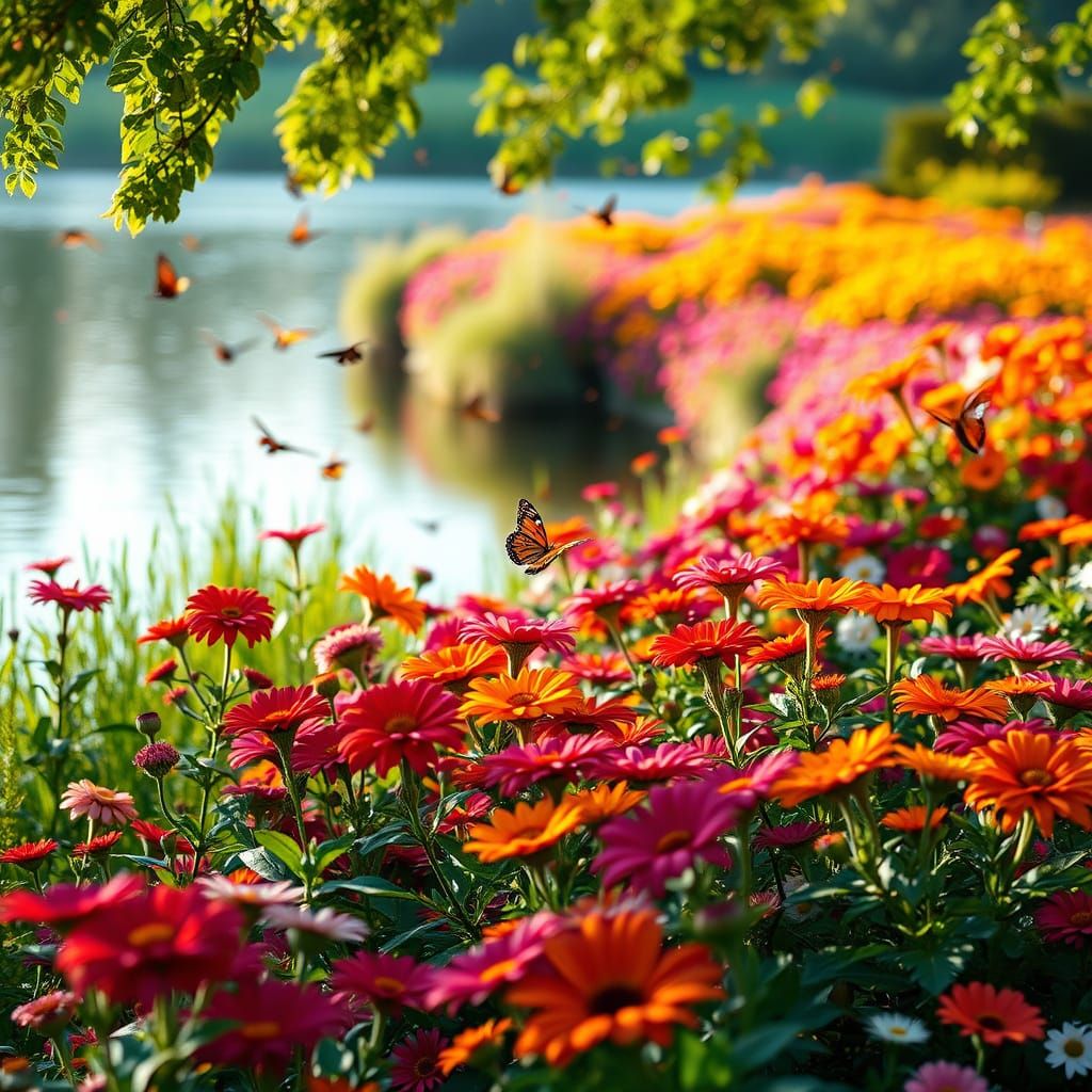 Vibrant Flower Garden in Soft Light with Butterflies and Lak...