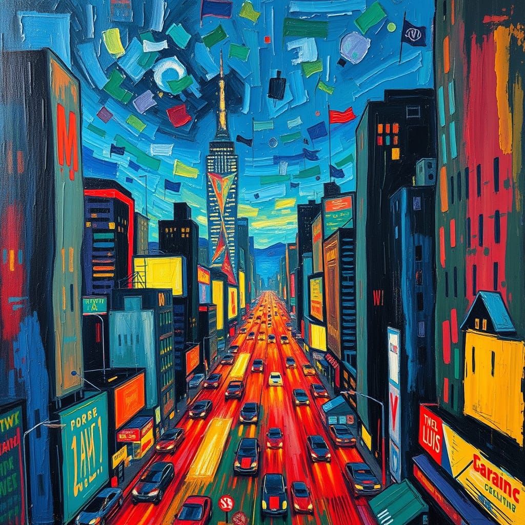 Vibrant Cityscape in Neo-Expressionist Style