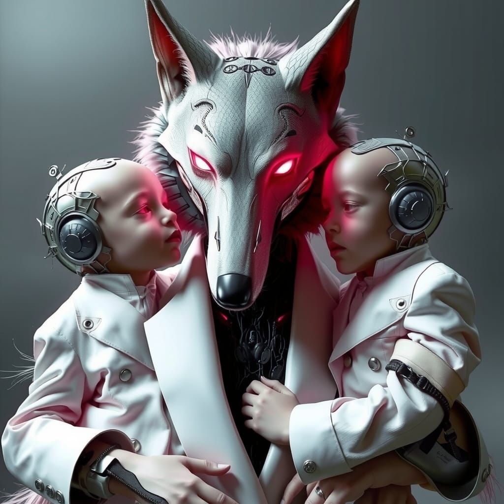 Cyberpunk Goddess of Motherly Love Holding Two Human Childre...