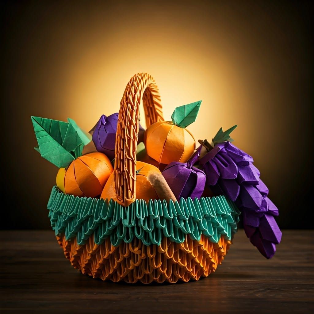 Origami Fruit Basket in Vibrant Colors and Intricate Folds