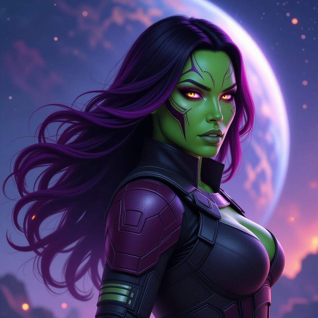 Green-Skinned Warrior in Sci-Fi Outer Space Portrait