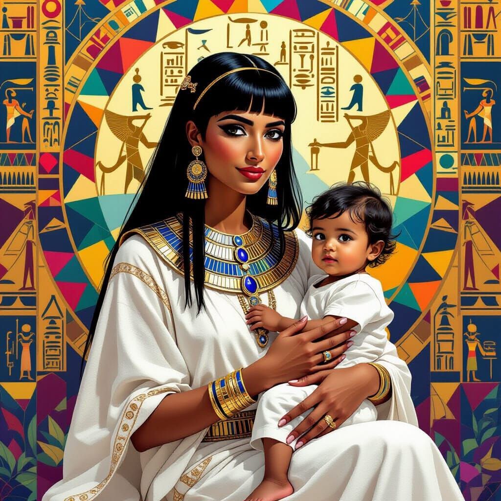 Egyptian Woman with Child in Digital Abstract Style