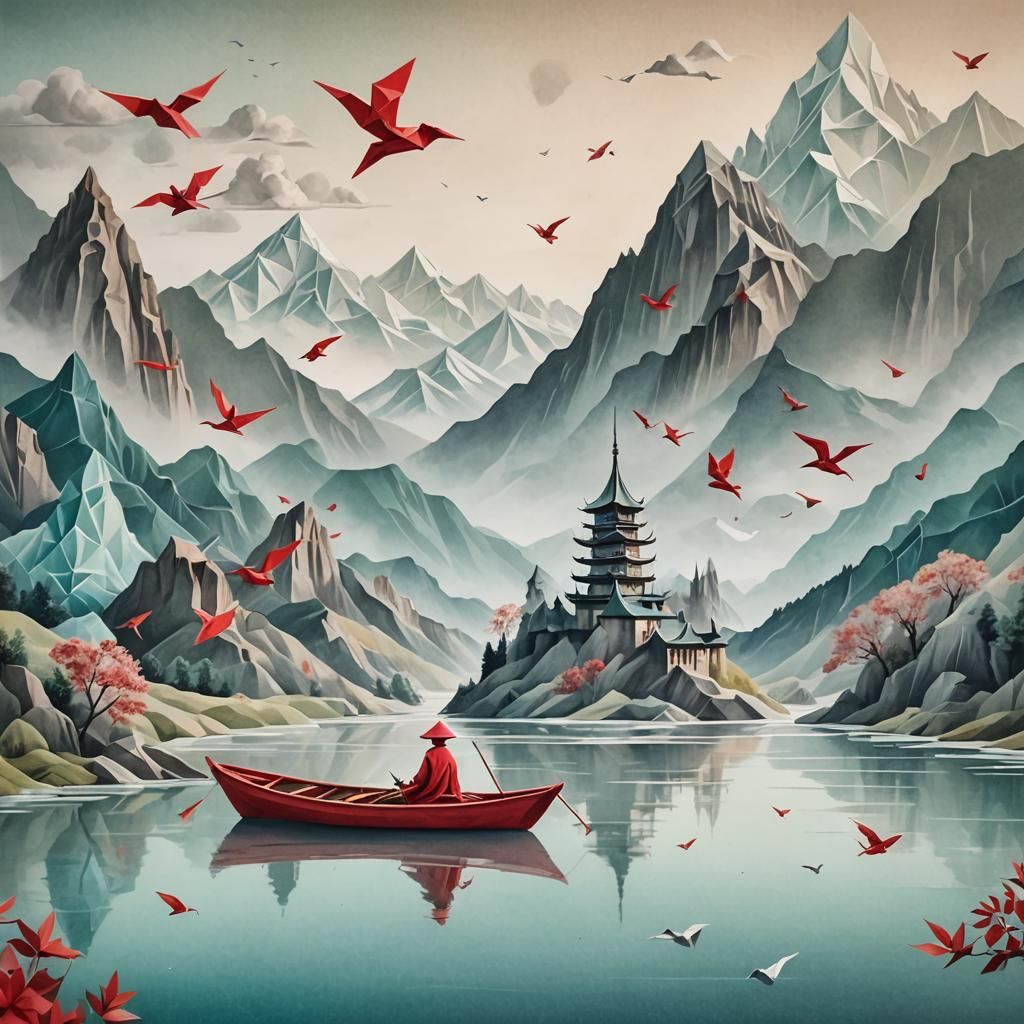 Serene River Scene with Tower, Airbrush Art