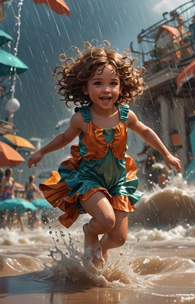 Toddler Girl Jumping on Beach with Dynamic Lighting