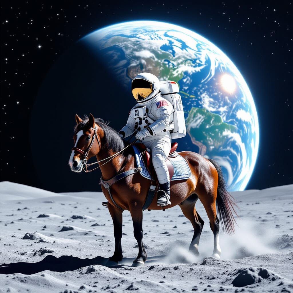 astronaut rides horse on moon by background of earth