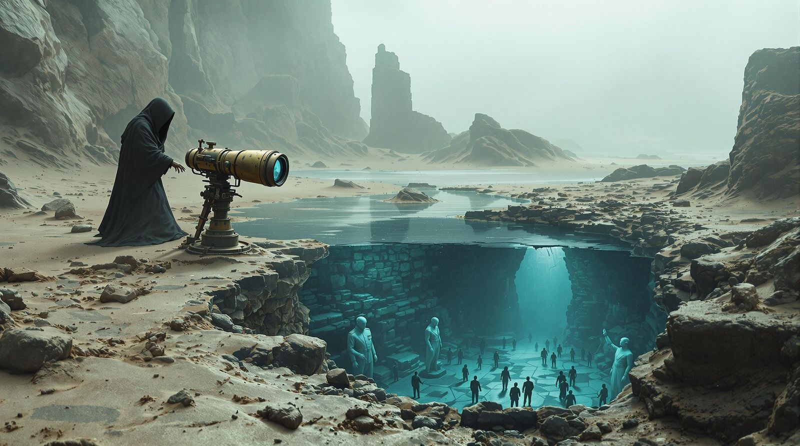 Surreal Scene of a Cloaked Figure Archiving Ruins in a Tidal...