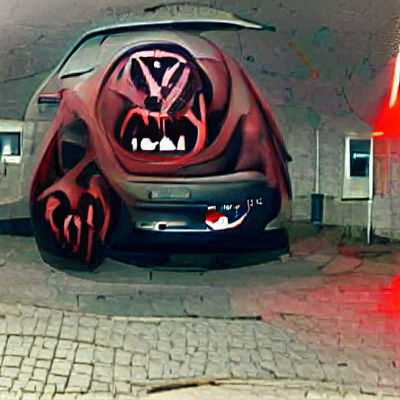 Demonic Volkswagen Beetle in a Fiery Landscape
