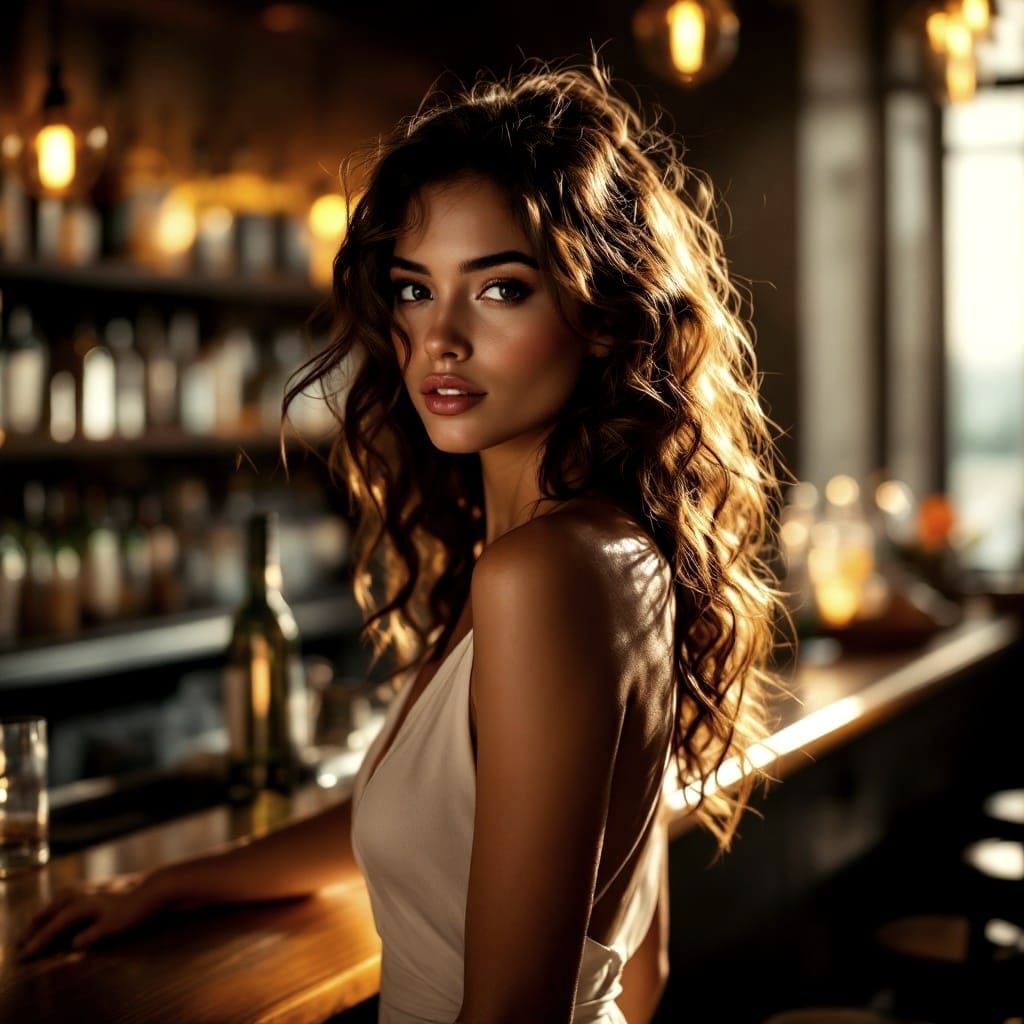 Elegant Woman in White Dress at Sophisticated Bar