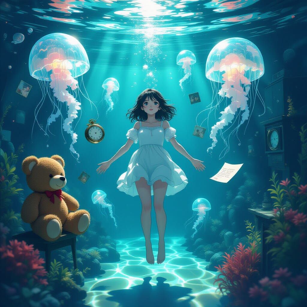 Ethereal Woman Floats in Watery Room with Glowing Memories