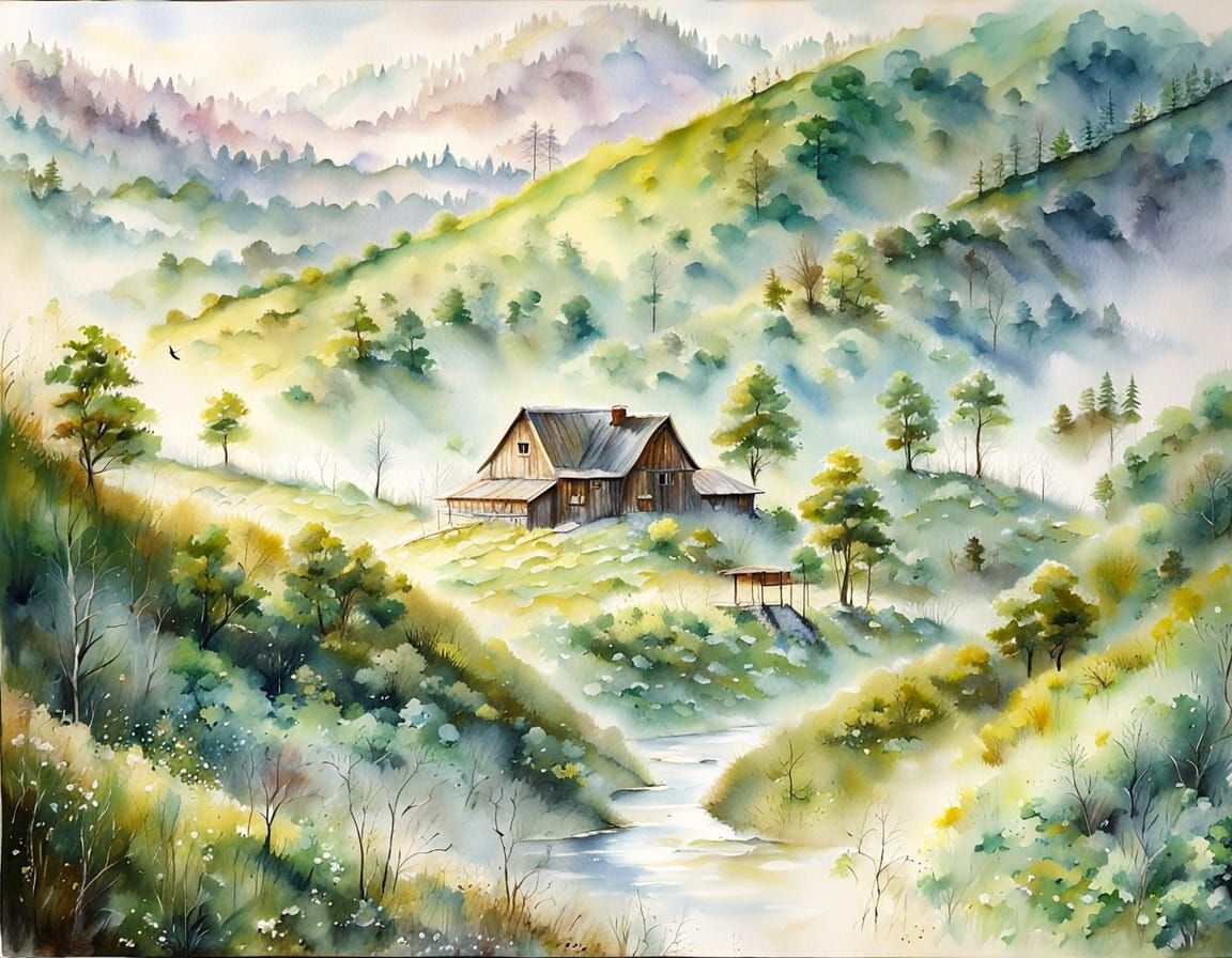 Barn Owl Flies Over Lush Hills in Soft Watercolor Style