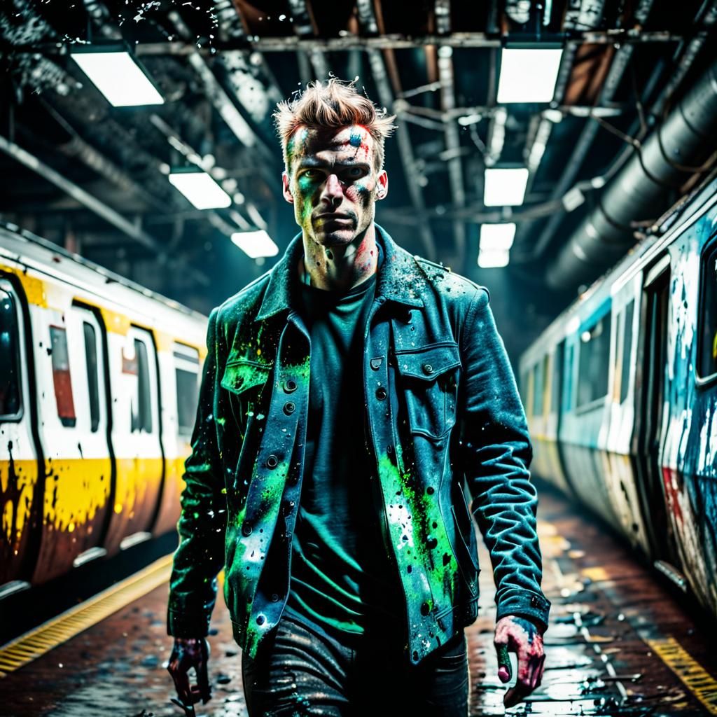 Grunge Male in a Splatter-Painted Underground Scene