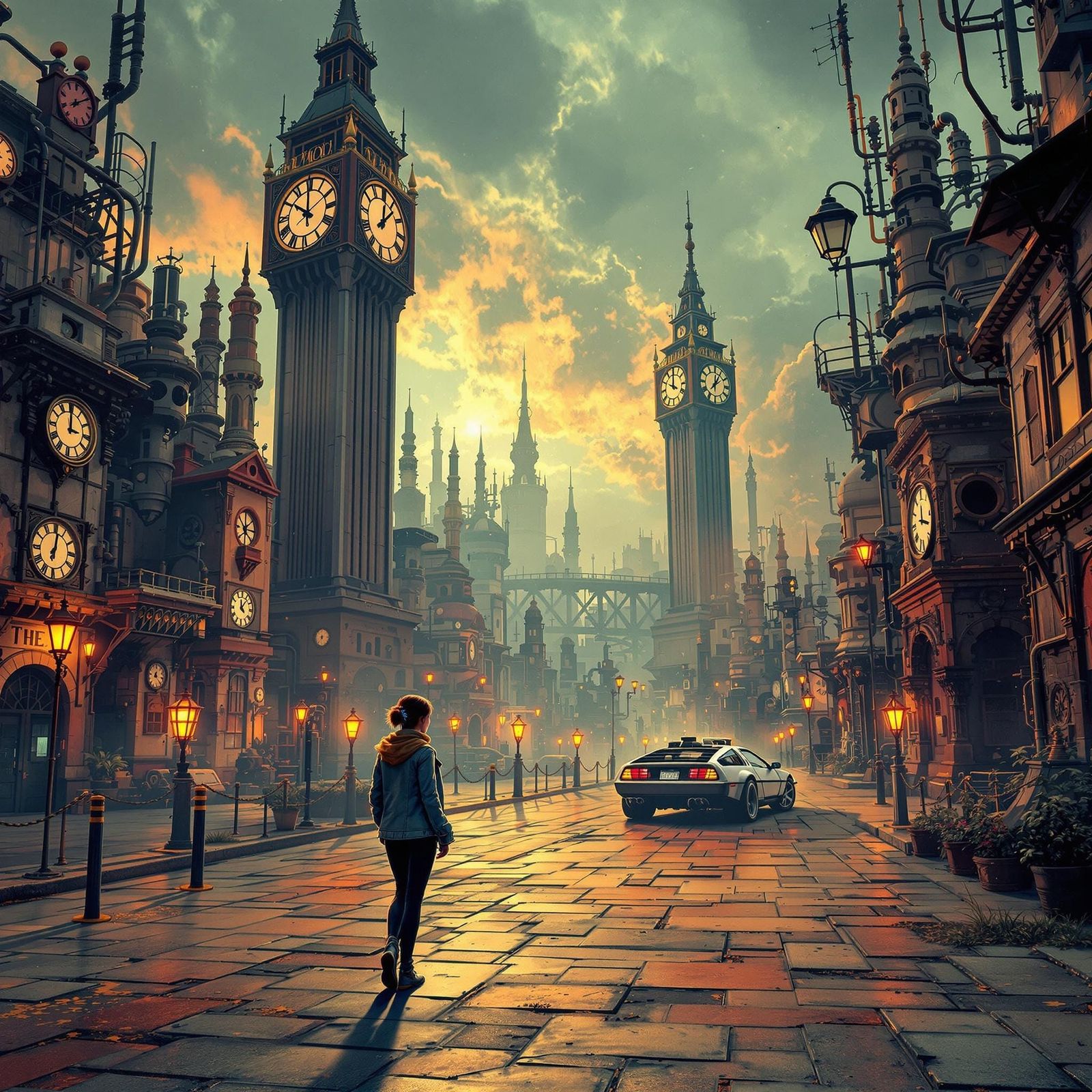 Retro-Futuristic Cityscape with Time-Traveling DeLorean