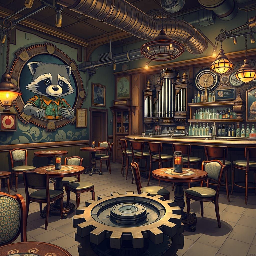 Steampunk Bar with Raccoon Engineer Mural, Anime Style