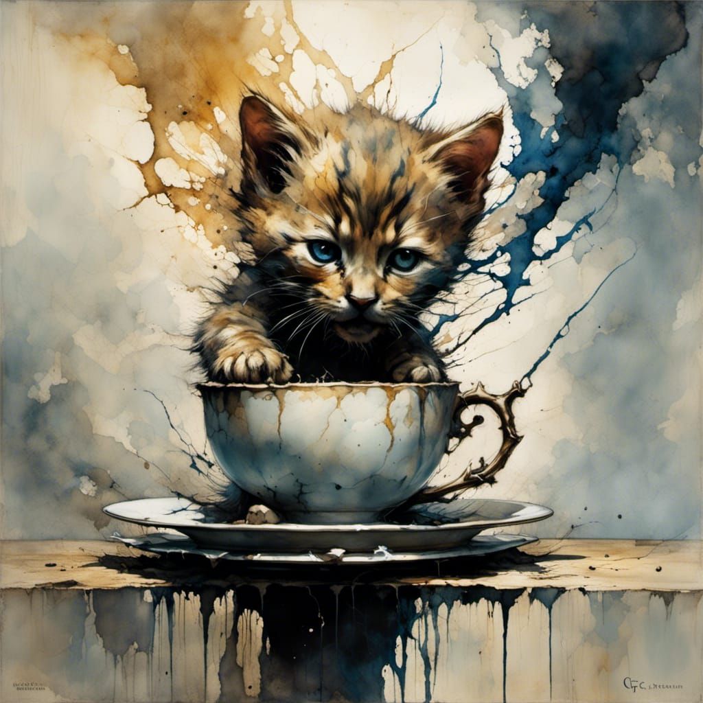 Sinister Kitten Pushes Teacup off Table