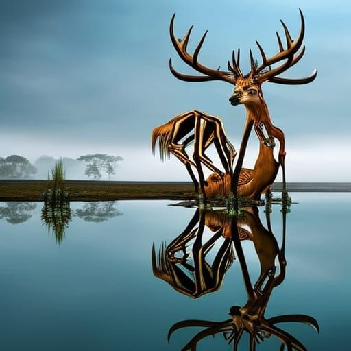 Hyperrealistic Deer Skeleton Creature by Lake