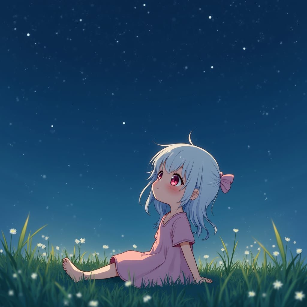 Anime Girl Gazing at Starry Midnight Sky