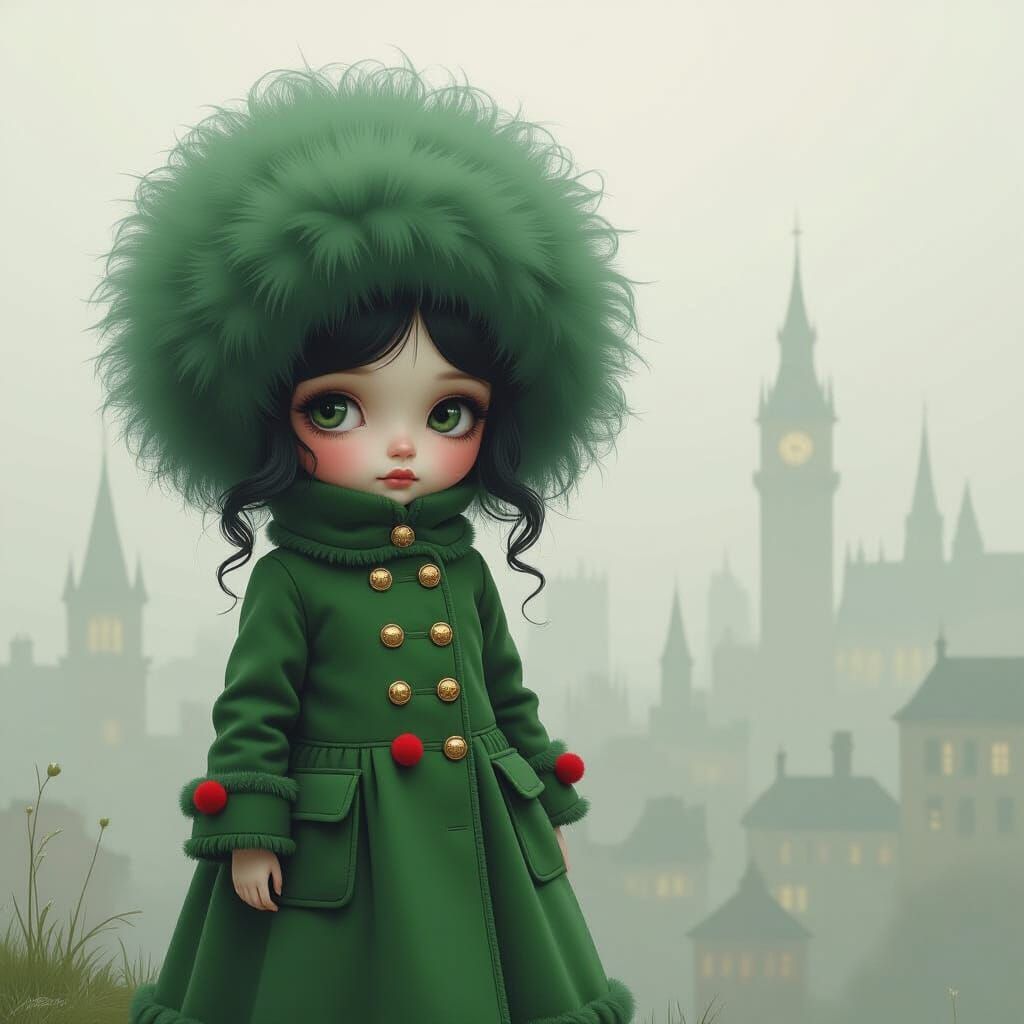 Melancholic Doll in Foggy Cityscape: Painterly Style