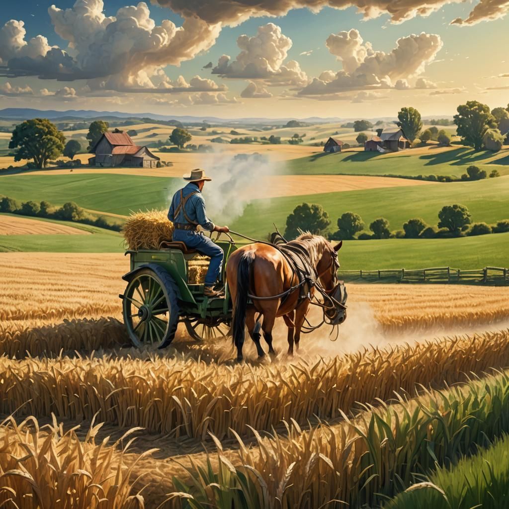 Farmer and Cowboy in Lush Landscape, Digital Art