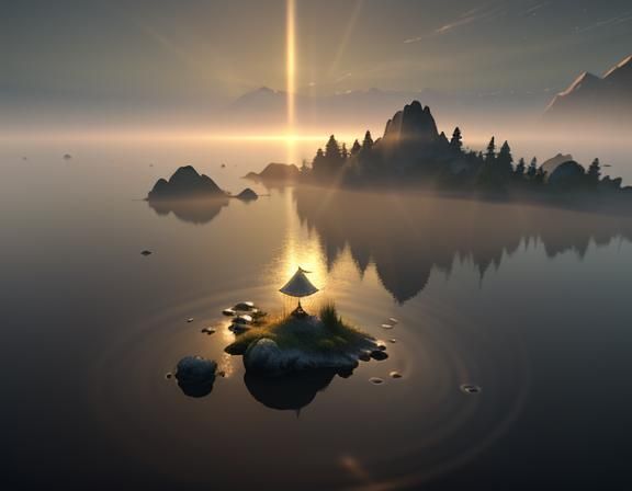 Female Amphibioid on Misty Shore in 3D