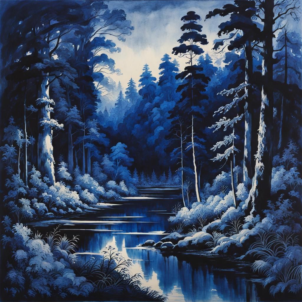 Blue Monochromatic Forest at Night: Ink Wash Style