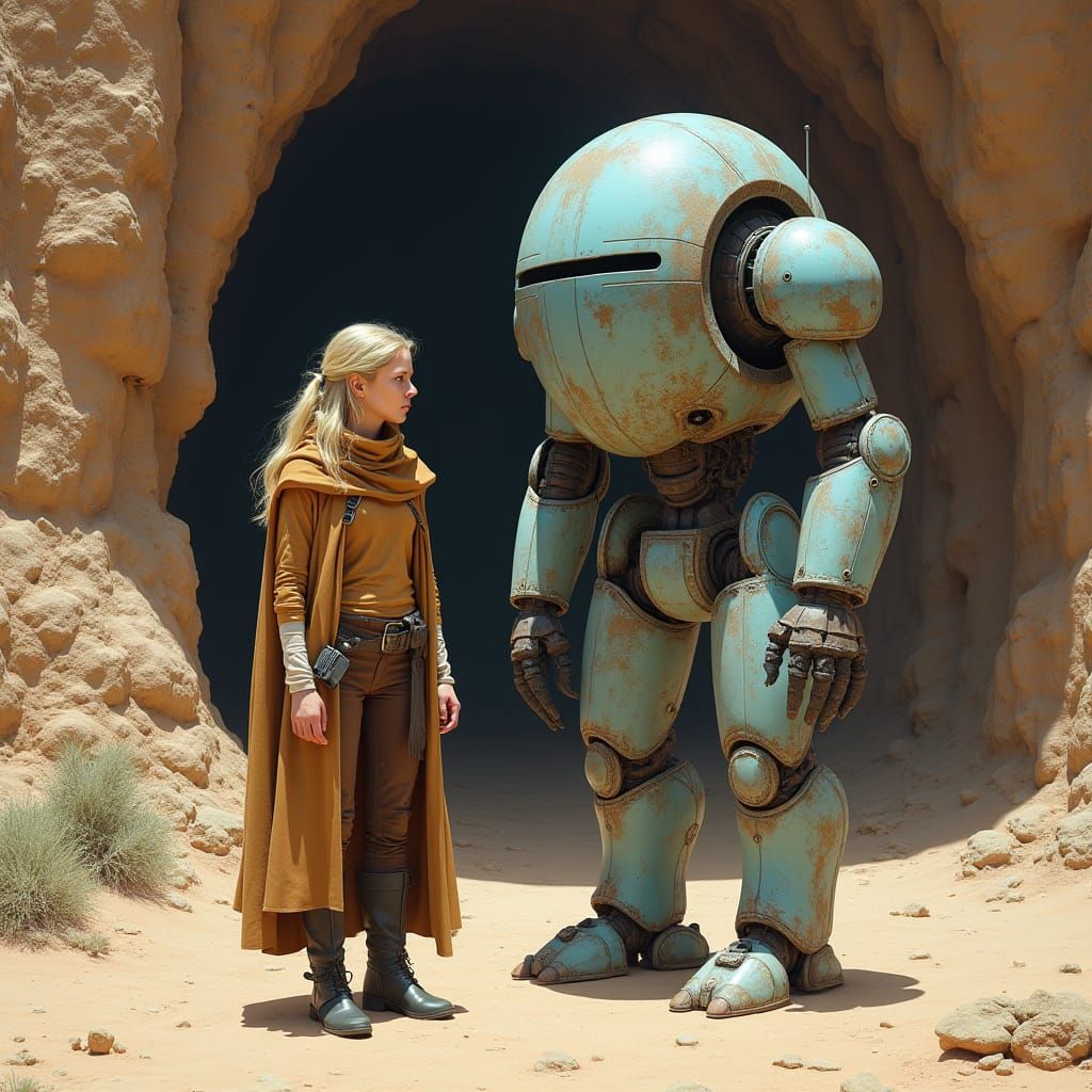 Woman and Robot in Badlands Cliff, Hyperrealistic Style