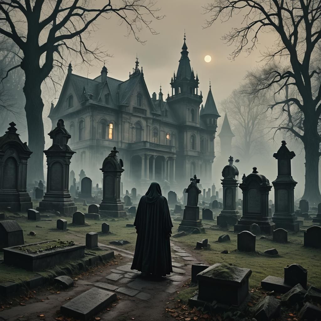 Haunted Mansion with Cemetery in Gothic Style