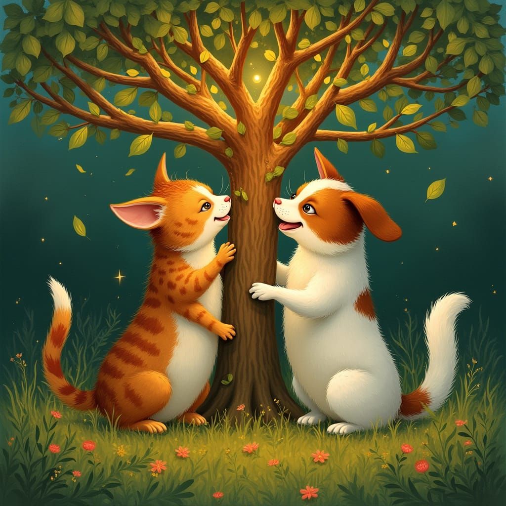 Whimsical Cat and Dog Duo in Enchanted Forest