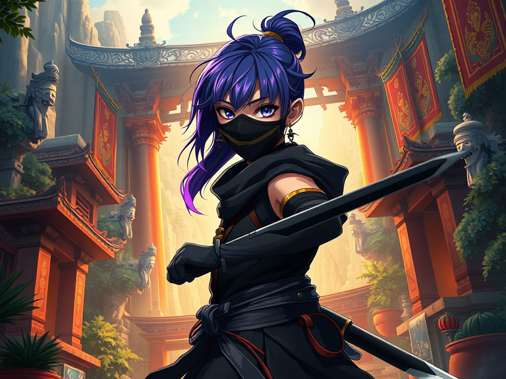 Anime Masked Thief in Ancient Temple