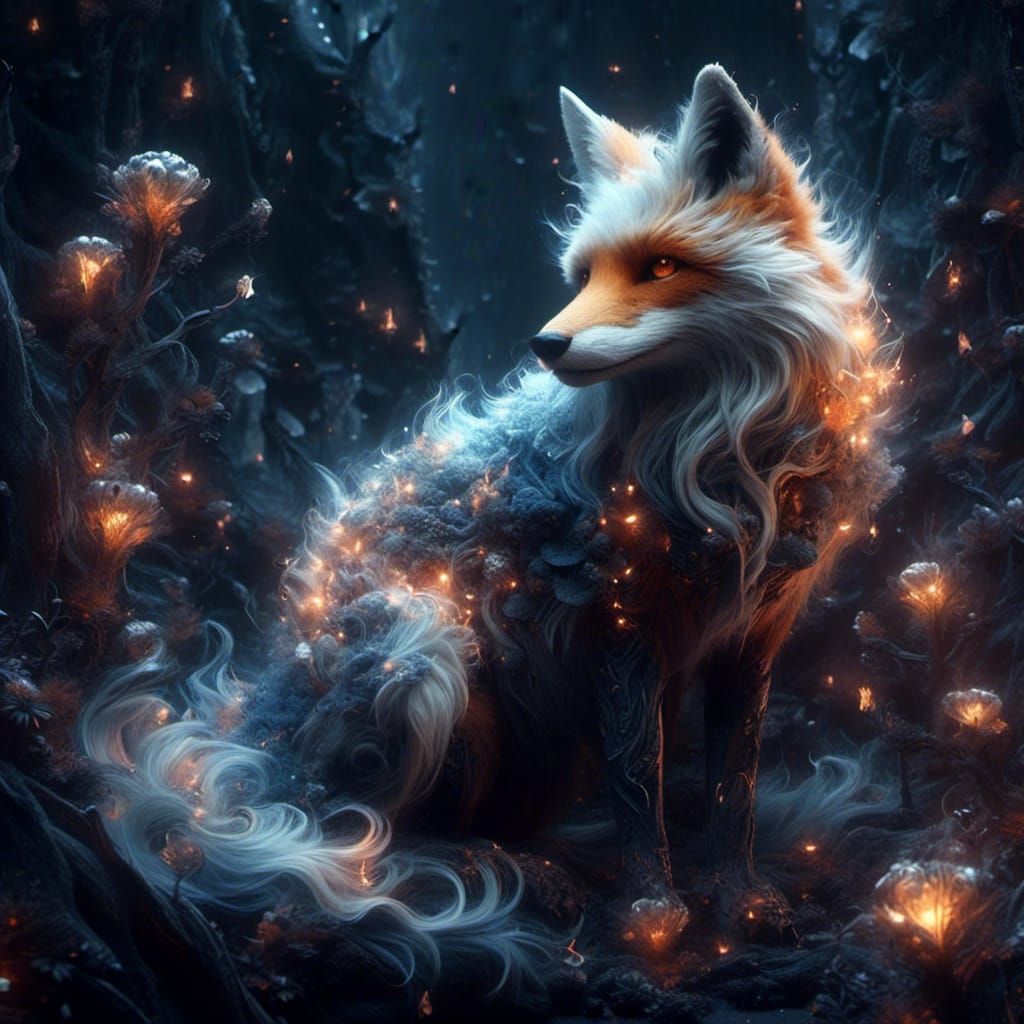 Iridescent Fox on Mushroom in Twilight Style