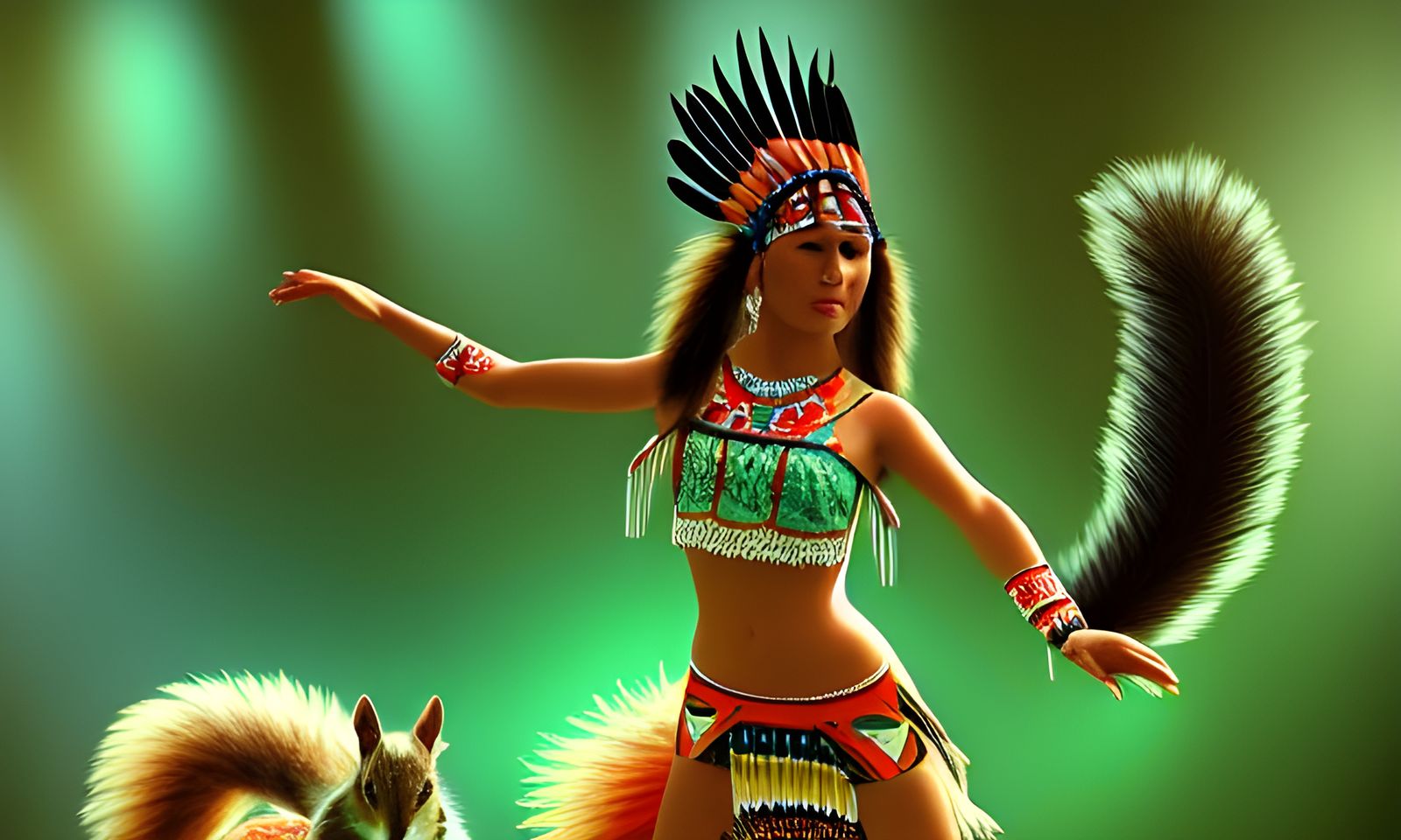 Native American Woman Dancing with Squirrels