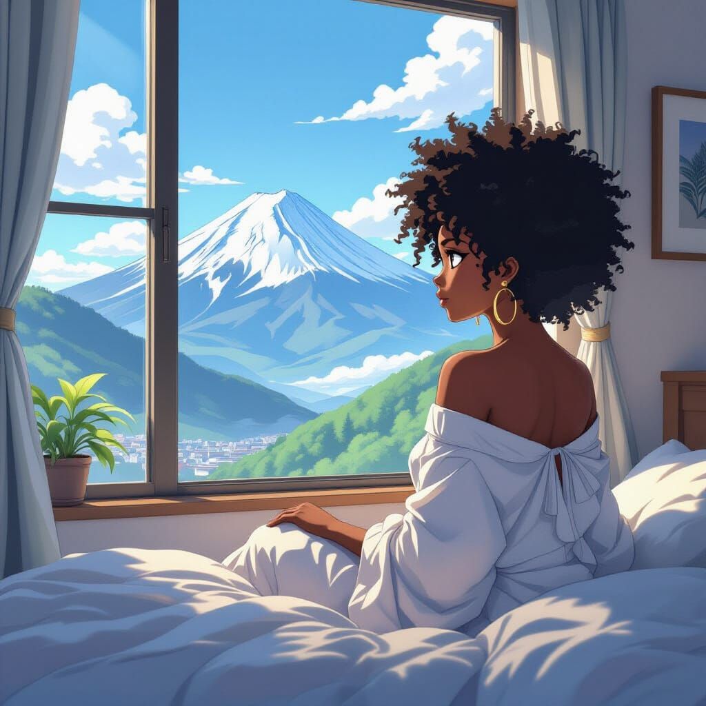 Anime African Goddess in Cozy Bedroom Overlooking Mountains