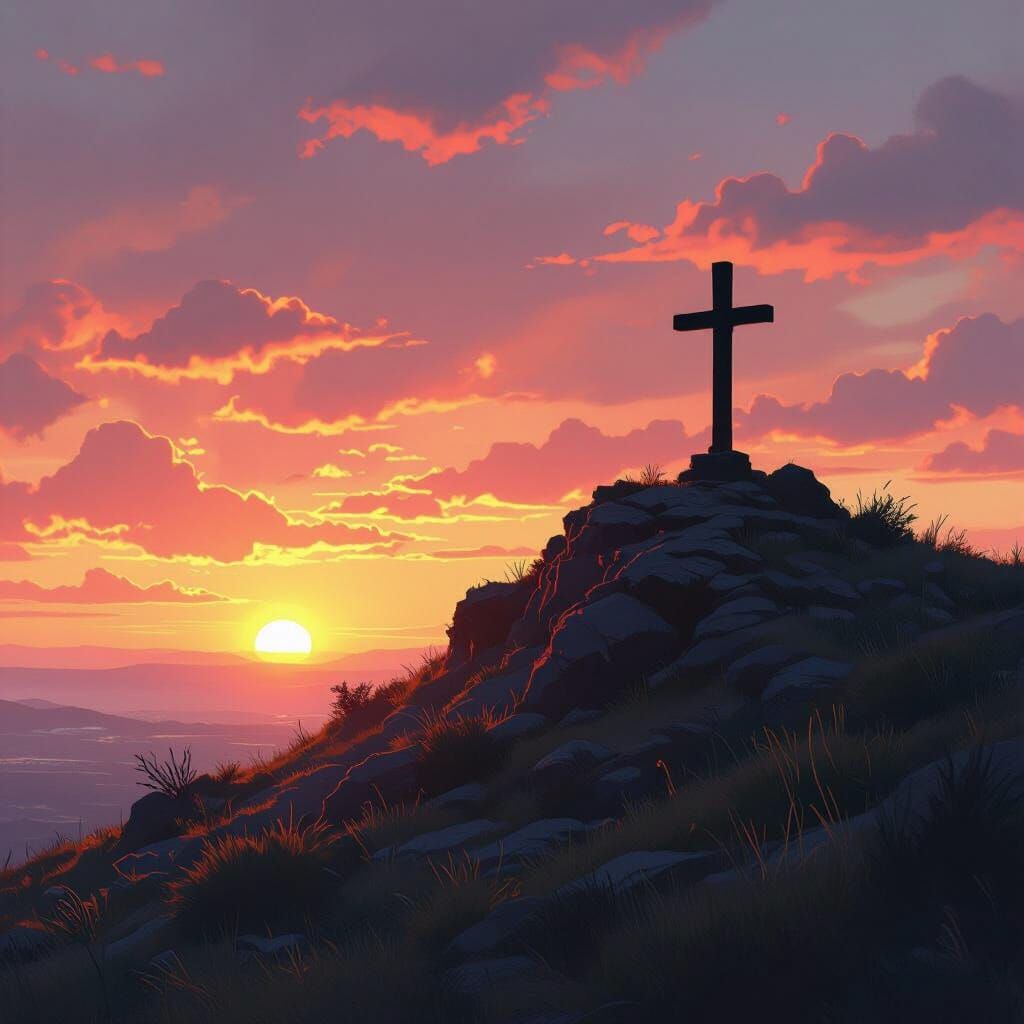 Dramatic Sunset Silhouette of Hilltop Cross