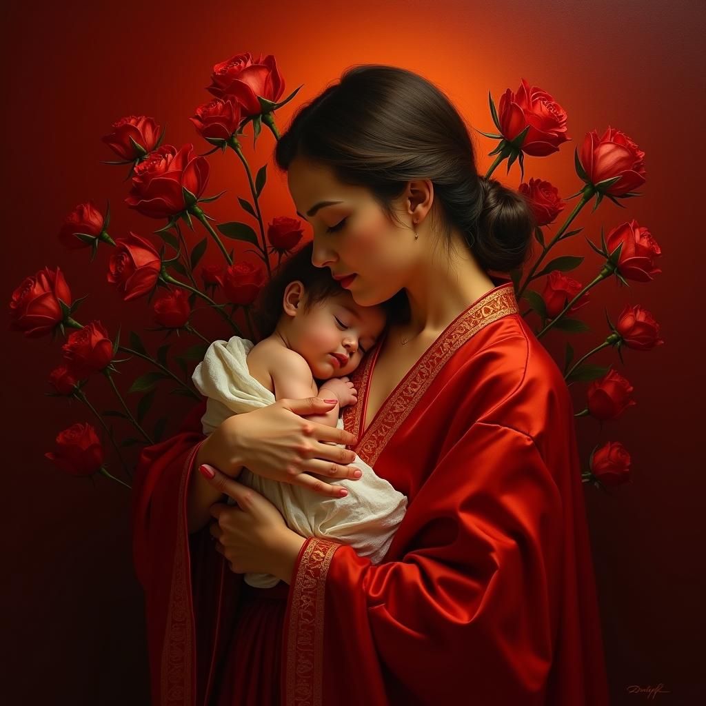 Mother and Child in Crimson, as Oil Painting