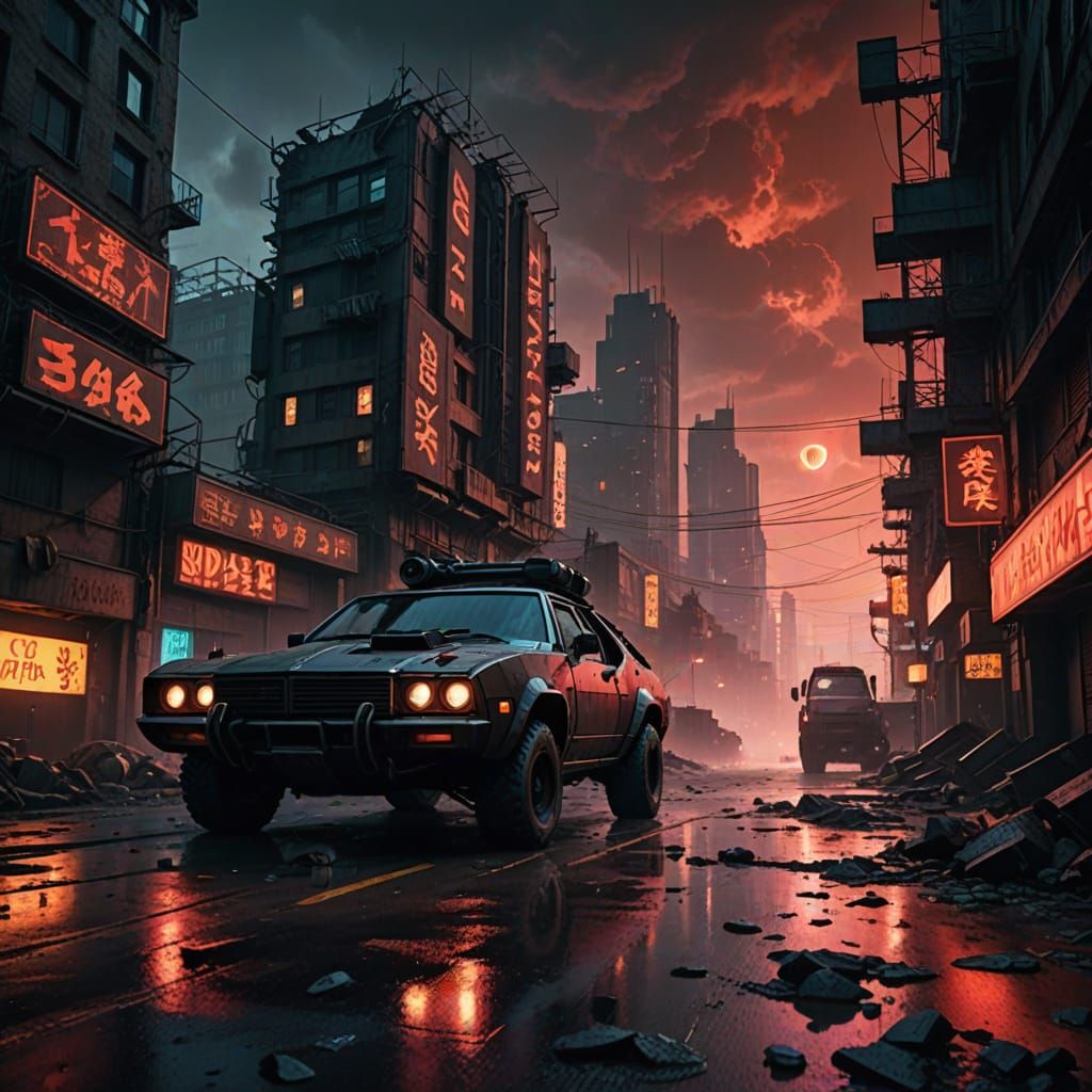 Cyberpunk Armoured Car in Desolate Cityscape