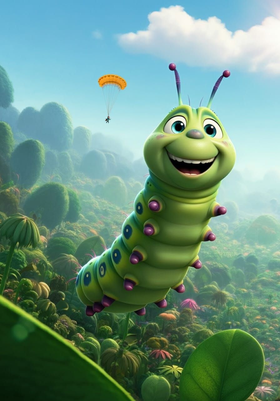 Excited Caterpillar Watches Skydiving, Pixar Style