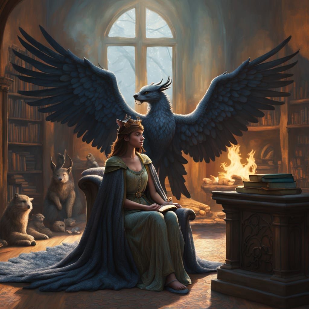 Griffin Reading by Fireplace: Ethereal Fantasy Art