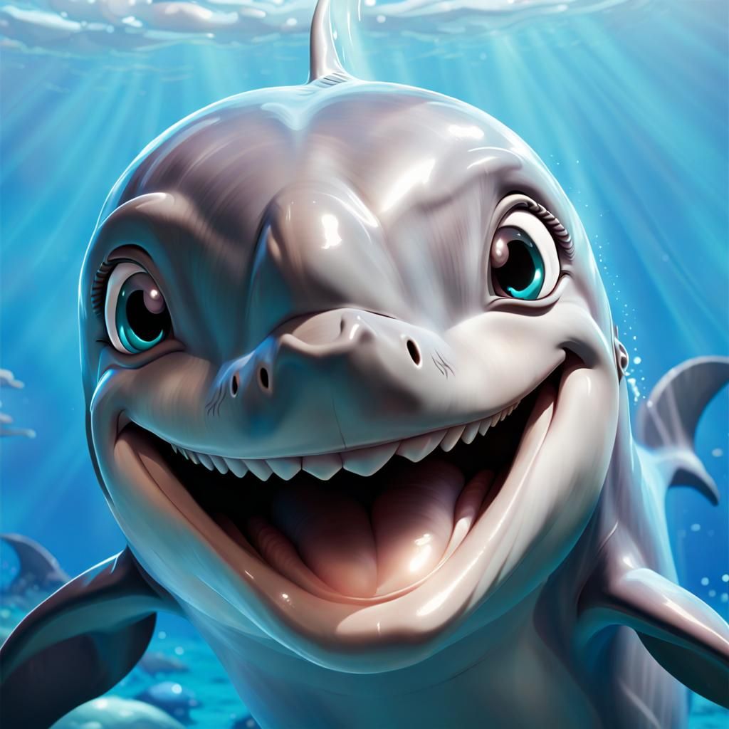 Smiling Cartoon Dolphin Close-up: Disney Pixar Style