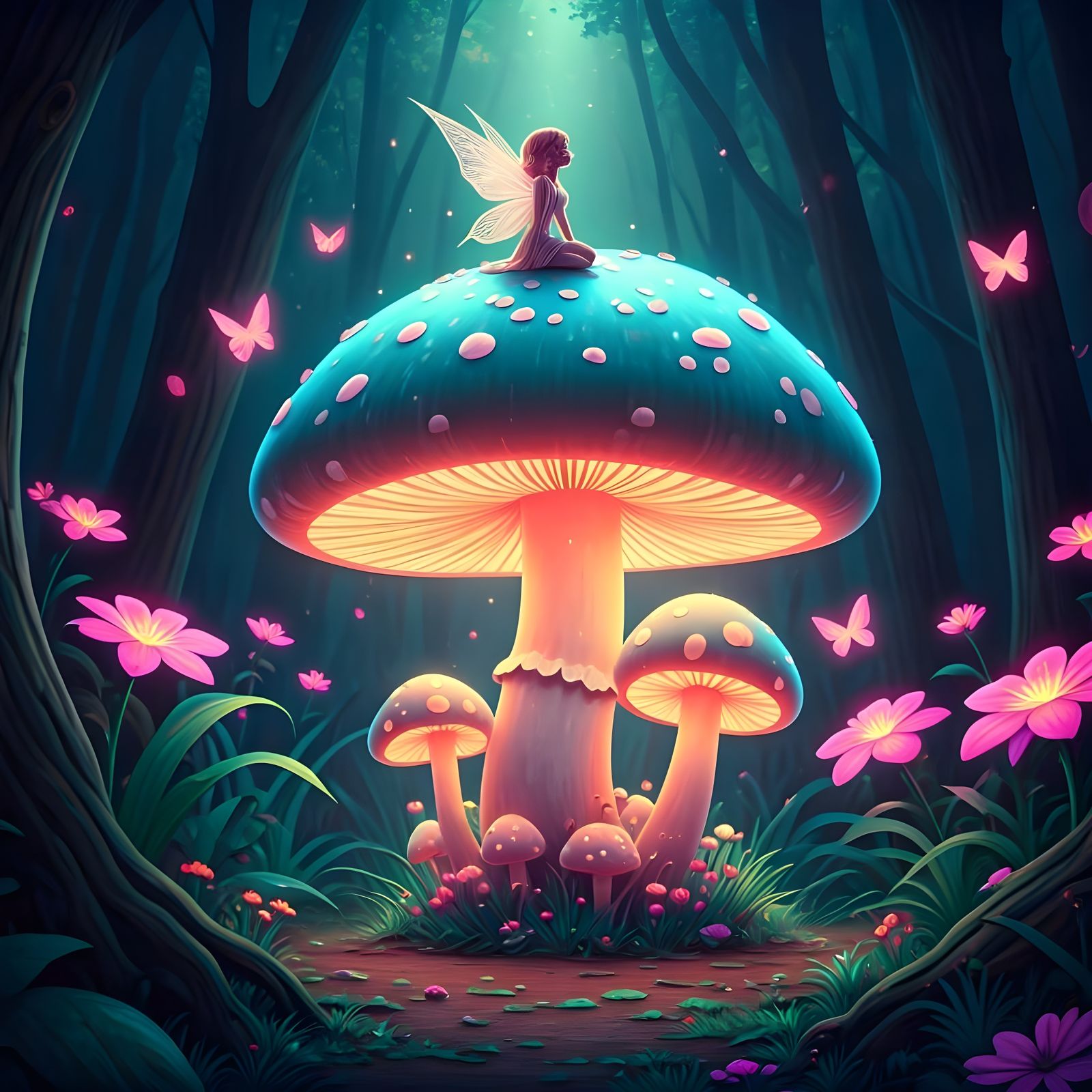 Fairy on Glowing Mushroom in Pastel Colors