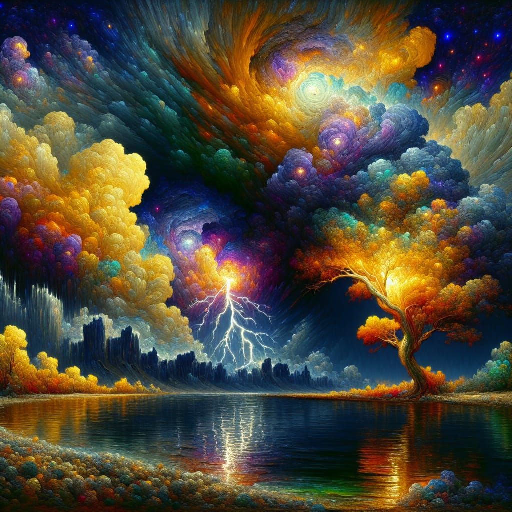 Tree by Coastline in Impasto Painting Style