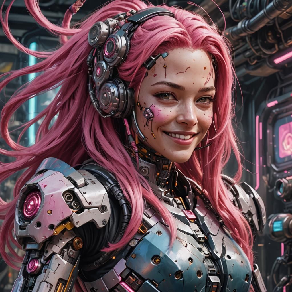 Pink-Haired Cyborg in Clockpunk Action Painting