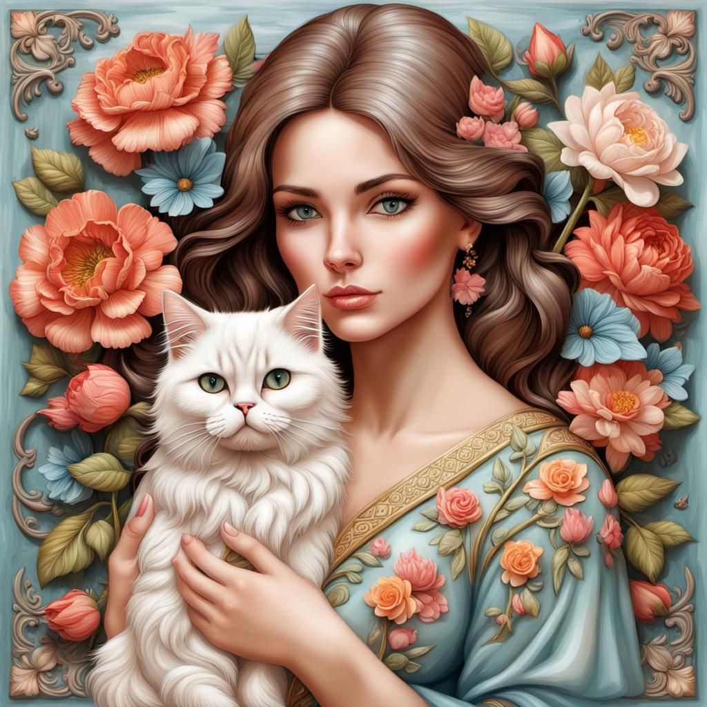 Woman with Persian Cat in Decoupage Relief