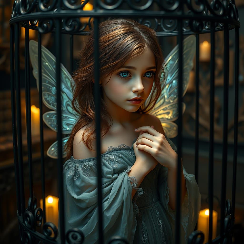 A young fairy, locked in a metal cage.