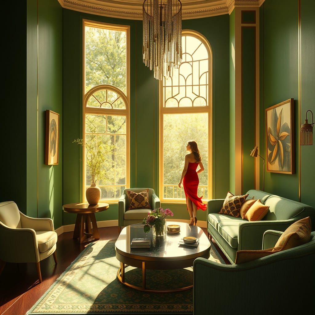 Golden Ratio Art Deco Living Room Scene in Sunny Warmth