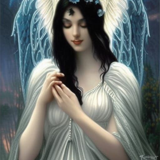 Gothic Angel wearing white dress& long black hair& blue eyes& ethereal vibes