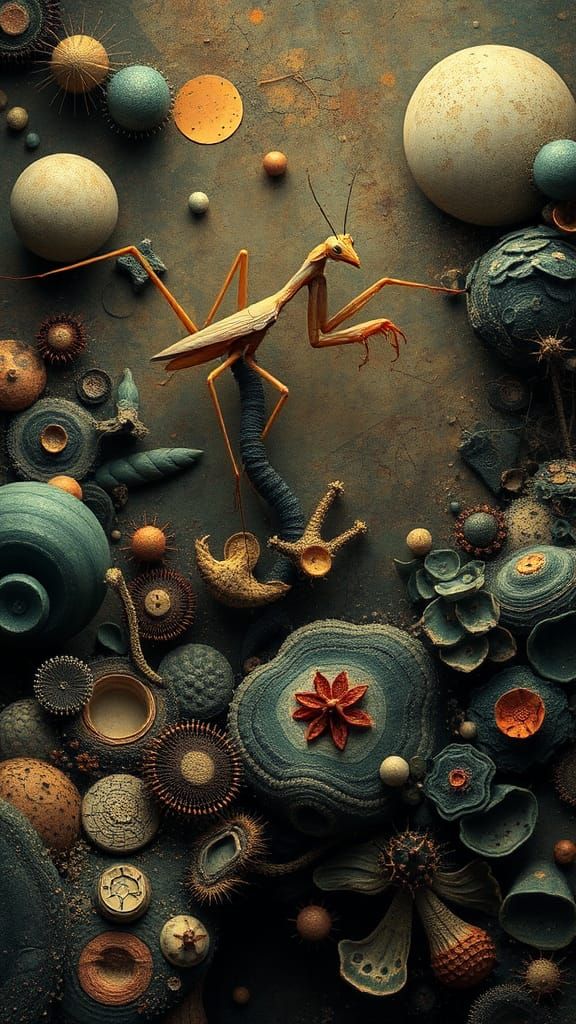 Mantis Geisha Wendigo in Klimt-Inspired Alien Landscape